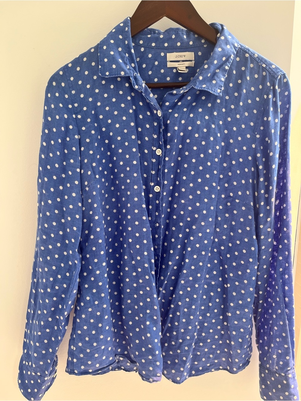 J.Crew 100% linen Size 10 Blue Polka Dot Button-Up Shirt